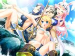  3girls animal_ears asakura_sakura bare_shoulders bikini_top blonde_hair blue_eyes blue_hair blush boots bors_(knight_carnival) breast_press breasts bunny_ears cloud clouds eyes_closed fake_animal_ears fishing galahad_(knight_carnival) game_cg goggles hair_ornament hairclip happy harem highres knight_carnival large_breasts legs long_hair looking_away looking_up mole multiple_girls navel nexton percival_(knight_carnival) pink_hair sandwiched sasayuki short_hair shorts sideboob sitting sky small_breasts smile swimsuit thighs water 