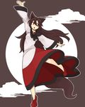  animal_ears brooch brown_hair dress full_moon imaizumi_kagerou jewelry kaginoni long_hair looking_away moon open_mouth red_eyes solo tail touhou wolf_ears wolf_tail 