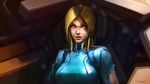  blonde_hair blue_eyes bodysuit breasts cockpit darren_geers hair_down highres lips long_hair looking_at_viewer medium_breasts metroid nose realistic samus_aran skin_tight solo torn_bodysuit torn_clothes zero_suit 