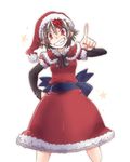  alternate_costume black_hair bow dress grin hat horns kijin_seija multicolored_hair pointing pointing_up pointy_ears red_eyes red_hair santa_costume santa_hat short_hair smile solo streaked_hair toropp touhou white_hair 