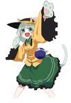  ameyu_(rapon) animal_ears arm_up bad_id bad_twitter_id blush cat_ears cat_tail eyeball fake_animal_ears fangs gloves green_eyes green_hair hat hat_ribbon komeiji_koishi long_sleeves looking_at_viewer open_mouth paw_gloves paws ribbon shirt short_hair simple_background skirt smile solo tail third_eye touhou white_background wide_sleeves 