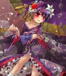  alternate_costume black_hair bow floral_print flower hair_flower hair_ornament highres horns japanese_clothes kakiikada kijin_seija kimono multicolored_hair oriental_umbrella red_eyes red_hair short_hair smile solo streaked_hair touhou umbrella white_hair 