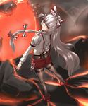  ass back-seamed_legwear bow fire fujiwara_no_mokou hair_bow highres hk_(hk) legwear_under_shorts long_hair long_sleeves looking_at_viewer molten_rock panties panties_under_pantyhose pantyhose puffy_sleeves red_eyes seamed_legwear shorts silver_hair solo thighband_pantyhose touhou underwear very_long_hair volcano 