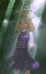  blonde_hair circlek frog hair_ribbon hat highres light_rays moriya_suwako ribbon short_hair solo touhou water yellow_eyes 