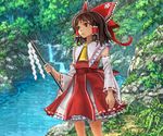  ascot backlighting bad_id bad_pixiv_id bow brown_eyes brown_hair bush derivative_work detached_sleeves frilled_bow frilled_shirt_collar frilled_skirt frills gohei grass hair_bow hair_tubes hakurei_reimu houhokekyo light looking_to_the_side nature overgrown ribbon-trimmed_clothes ribbon-trimmed_skirt ribbon-trimmed_sleeves ribbon_trim rock short_hair skirt solo standing stream touhou tree upper_body water waterfall 