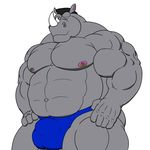  abs biceps big_muscles bulge clothed clothing half-dressed horn huge_muscles krosbar_(artist) male mammal muscles nipples pecs piercing pose rhinoceros scar solo standing thong topless 