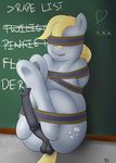  &lt;3 balls bdsm blonde_hair bondage bound chalkboard classroom cutie_mark derpy_hooves_(mlp) dickgirl equine feral friendship_is_magic fur grey_fur hair hooves horse imminent_rape intersex legs_up long_hair mammal my_little_pony open_mouth penis pony ribbons runnerman360 smile solo writing 