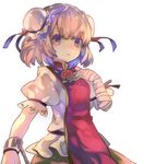  bandaged_arm bandages bow bun_cover cha_goma chain cuffs double_bun downscaled error flower ibaraki_kasen looking_at_viewer md5_mismatch open_mouth pink_eyes pink_hair puffy_sleeves resized rose shirt short_hair short_sleeves simple_background skirt solo tabard touhou white_background 