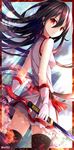  akame akame_ga_kill! bad_id bad_pixiv_id black_hair gloves highres holding long_hair looking_at_viewer orange_eyes rin_yuu solo sword weapon white_gloves wind 