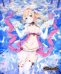 bangle blonde_hair blue_eyes blush bracelet breasts detached_sleeves halo head_wings jewelry large_breasts long_hair navel parted_lips partially_submerged petals shingeki_no_bahamut solo thighhighs water white_legwear white_wings wings yuuhi_homare 