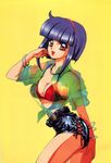  90s breasts collar hairband highres looking_at_viewer medium_breasts mon_mon oldschool purple_hair red_eyes short_hair smile solo 