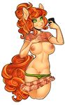  2015 anthro breasts cellphone clothing equine female green_eyes hair horse mammal nipples orange_hair phone pussy skirt solo thong xenthyl 