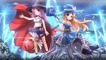  &gt;_o ;) blonde_hair blue_eyes cape copyright_request hat highres holding long_hair looking_at_viewer merc_storia multiple_girls navel one_eye_closed original purple_hair red_eyes risutaru sitting smile staff witch_hat 