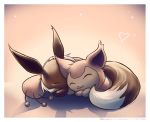  cat closed_mouth creature creatures_(company) delano-laramie eevee eyes_closed game_freak gen_1_pokemon gen_3_pokemon happy heart lying nintendo no_humans on_stomach pokemon pokemon_(creature) sepia_background skitty sleeping smile watermark web_address 