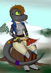  anthro armor ax boots brown_hair daytime deena dragon female green_eyes hair huntress iguanasarecool invalid_tag outside reptilian snow stripes tongue weapon 