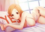  57_(lme_piggy117) black_panties bleach breasts brown_eyes inoue_orihime large_breasts long_hair looking_at_viewer lying nipple_slip nipples on_bed orange_hair panties side-tie_panties solo underwear yes yes-no_pillow 