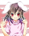  animal_ears bad_id bad_pixiv_id brown_hair bunny_ears double_v hikobae inaba_tewi open_mouth red_eyes short_hair solo touhou v 