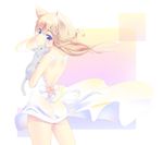  absurdres akira_b animal_ears back backless_dress backless_outfit bare_shoulders blonde_hair blush braid cat cat_ears dress highres looking_back original short_hair solo white_dress white_wings wings 