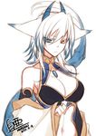  animal_ears belly blue_eyes breasts bridal_gauntlets choker cleavage dated detached_sleeves dragon_tail fox_ears frown heterochromia horns jewelry konshin large_breasts necklace orie_hakua pixiv_fantasia pixiv_fantasia_new_world signature solo tail twitter_username white_hair yellow_eyes 