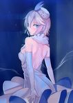  anastasia_(idolmaster) bare_back bare_shoulders blue_eyes dress elbow_gloves from_behind gloves hat idolmaster idolmaster_cinderella_girls looking_at_viewer looking_back pure_white_memories short_hair silver_hair solo sparkle walzrj 