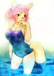  anthro blue_eyes breasts canine clothing female fur hair kiichi mammal one-piece_swimsuit partially_submerged pink_hair ponytail solo standing swimsuit water wet yellow_fur 