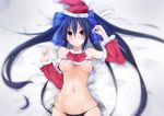  bed_sheet black_hair black_panties breasts crop_top crop_top_overhang detached_sleeves hair_ribbon hat long_hair looking_at_viewer lying medium_breasts navel neptune_(series) noire on_back padocchi_(kurokitsune) panties red_eyes ribbon santa_hat shiny shiny_skin side-tie_panties smile solo twintails underboob underwear very_long_hair 