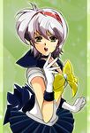  bad_id bad_pixiv_id bishoujo_senshi_sailor_moon blue_choker blue_sailor_collar blue_skirt bow choker cosplay emily_(langrisser) gloves green_background hairband hikaru_(mikan0407) langrisser langrisser_v magical_girl parody pleated_skirt ribbon sailor_collar sailor_senshi_uniform sailor_uranus sailor_uranus_(cosplay) short_hair skirt smile solo style_parody urushihara_satoshi_(style) white_gloves white_hair yellow_bow yellow_eyes 