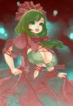  bow breasts cleavage dress front_ponytail green_background green_eyes green_hair hair_bow highres kagiyama_hina large_breasts navel open_clothes open_dress open_mouth puffy_short_sleeves puffy_sleeves red_dress ribbon short_sleeves solo touhou tsuutenkaaku underboob wrist_ribbon 