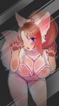  anthro bent_over big_breasts blush bra breast_squish breasts brown_fur brown_hair canine chest_tuft cleavage clothed clothing female fennec fluffy fox fur glass hair hair_ribbon kiichi long_hair looking_at_viewer mammal open_mouth panties pawpads paws ponytail ribbons skimpy solo tuft underwear 