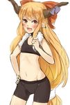  alternate_costume bike_shorts blush bow colorized fang hair_bow hair_ornament horn_ribbon horns ibuki_suika long_hair looking_at_viewer low-tied_long_hair midriff navel nishiuri oni open_mouth orange_hair pointy_ears red_eyes ribbon simple_background sketch smile solo sports_bra touhou towel white_background 