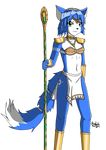  anthro black_nose blue_fur blue_hair bracers canine female fox fur green_eyes hair headband howsplendid jewelry krystal mammal navel necklace nintendo plain_background polearm short_hair shoulder_pads smile solo staff star_fox tribal video_games weapon white_fur 