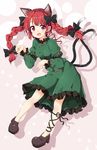  animal_ears arm_ribbon boushi_(nandemo) bow braid cat_ears cat_tail dress extra_ears fang green_dress hair_bow juliet_sleeves kaenbyou_rin leg_ribbon long_sleeves multiple_tails nekomata no_socks open_mouth paw_pose puffy_sleeves red_eyes red_hair ribbon smile solo tail touhou twin_braids 