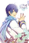  blue_eyes blue_hair blue_nails blue_scarf breath domco flower hands_together kaito long_sleeves looking_at_viewer male_focus nail_polish scarf smile solo vocaloid 