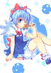  ahoge alternate_hairstyle bad_id bad_pixiv_id bloomers bloomers_pull blue_eyes blue_hair bow cirno food hair_bow ice ice_wings one_eye_closed pf ponytail popsicle sitting solo touhou underwear watermelon_bar wings 