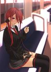  blush cardigan digital_media_player earbuds earphones earrings highres jewelry long_hair mikazuchi_zeus necktie original red_eyes red_hair red_neckwear school_uniform scrunchie single_earphone_removed sitting skirt smile solo thighhighs twintails zettai_ryouiki 