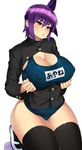  ayane_(doa) blush breasts cleavage dead_or_alive headband highres huge_breasts one-piece_swimsuit purple_hair red_eyes school_swimsuit short_hair solo swimsuit swimsuit_under_clothes thighhighs zonda_(solid_air) 