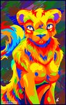  2014 abstract_background anthro breasts colorful digital_media_(artwork) feline female fluffy fur lion mammal multicolored_fur nipples nude o-kemono signature solo standing 