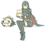  :d black_hair black_legwear cape ehohin fire_emblem handheld_game_console kirby_(series) long_hair lucina meta_knight nintendo nintendo_3ds open_mouth sitting smile super_smash_bros. white_background 