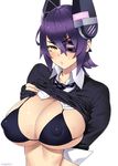  bikini_top breasts cleavage covered_nipples eyepatch gloves headgear highres kantai_collection large_breasts looking_at_viewer midriff navel necktie open_mouth purple_hair school_uniform short_hair skindentation solo swimsuit tenryuu_(kantai_collection) yellow_eyes zonda_(solid_air) 