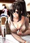  black_hair blush bra breasts cafe chair cleavage drink drinking_straw highres lace lace-trimmed_bra large_breasts long_hair long_sleeves looking_at_viewer original reflection smile solo_focus souryu table underwear 
