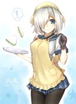  1girl apron bad_id bad_pixiv_id black_gloves black_legwear blue_eyes breasts character_name food gloves hair_ornament hair_over_one_eye hairclip hamakaze_(kantai_collection) head_scarf highres kantai_collection medium_breasts pantyhose pleated_skirt sandwich school_uniform serafuku short_hair short_sleeves silver_hair skirt solo speech_bubble spoken_exclamation_mark star sweatdrop translated twitter_username yellow_apron yukihama 