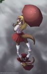  2015 blonde_hair bottomless butt clothed clothing cute female hair half-dressed jay_naylor looking_at_viewer mammal mustelid otter purple_eyes pussy raining reflection shoes skirt smile socks solo standing umbrella upskirt water 