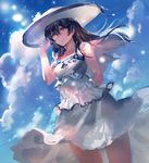  black_hair blue_sky brown_eyes cloud cowboy_shot day dress hat kishiyo long_hair looking_at_viewer love_live! love_live!_school_idol_project revision sky smile solo sonoda_umi sun_hat white_dress 