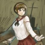  akiho_hayuu bad_id bad_pixiv_id bare_shoulders brown_eyes brown_hair detached_sleeves hairband kantai_collection long_sleeves natori_(kantai_collection) open_mouth red_skirt school_uniform serafuku skirt solo white_hairband 