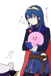  2boys blue_gloves blue_hair blush_stickers fingerless_gloves fire_emblem gloves kirby kirby_(series) long_hair lucina meta_knight multiple_boys shuu_(tsuppashire!!) simple_background sparkle super_smash_bros. white_background 