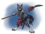  aetherel canine clothing loincloth looking_at_viewer male mammal polearm sapphire-gale solo spear sword weapon wolf yellow_eyes 