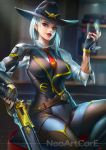  artist_name ashe_(overwatch) bar_stool breasts cowboy_hat cup drinking_glass earrings fingerless_gloves gloves gun hat jewelry lipstick long_hair makeup medium_breasts nail_polish nudtawut_thongmai overwatch red_eyes rifle short_hair signature sitting solo stool thighs weapon white_hair wine_glass 
