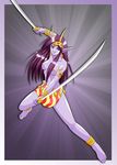  1girl atlus barefoot blue_eyes breasts earrings jewelry long_hair pointy_ears purple_hair purple_skin s shin_megami_tensei sword weapon yaksini 