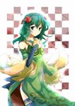  checkered checkered_background detached_sleeves dress flower gertrud_(madoka_magica) green_eyes green_hair hair_flower hair_ornament magical_girl mahou_shoujo_madoka_magica personification rose side_slit smile soul_gem thighhighs yetworldview_kaze 