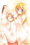  ayase_arisa ayase_eli blonde_hair blue_eyes closed_eyes long_hair love_live! love_live!_school_idol_project mogu_(au1127) multiple_girls nude shower_head siblings sisters sitting soap_bubbles 